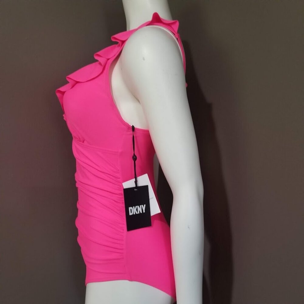 DKNY Ruffle Plunge Underwire Tummy Control One-Piece Swimsuit Neon Pink - Picture 3 of 11